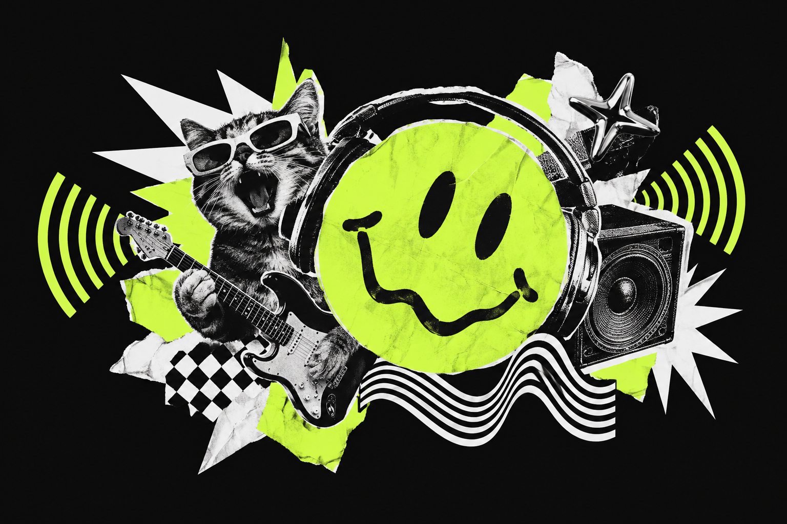 An original lime-green editorial collage of expressive meme stickers and rhythmic shapes